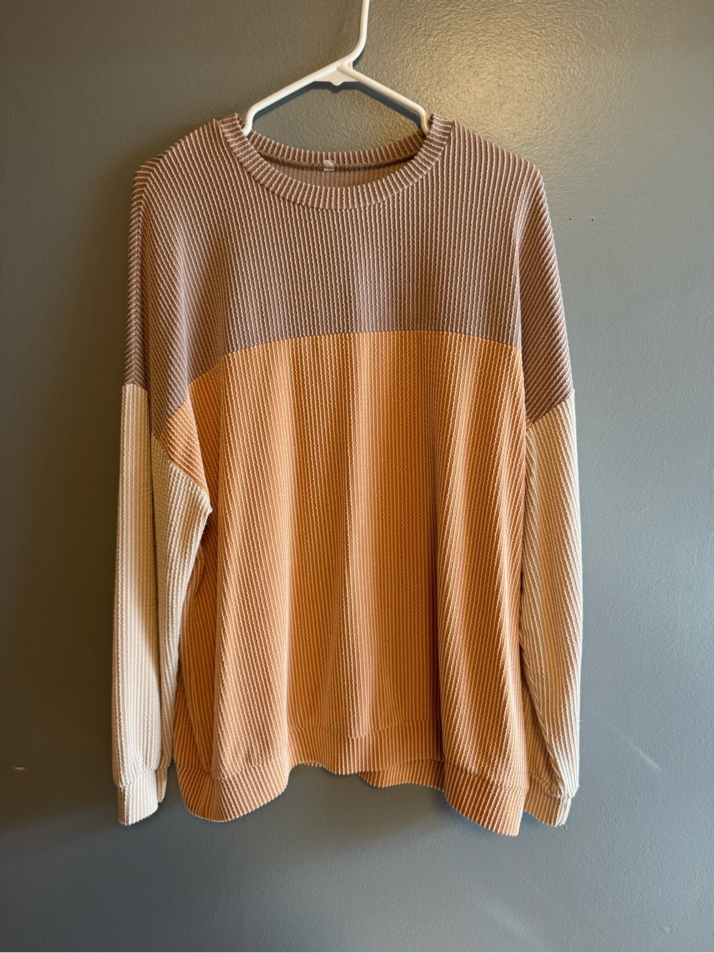 Amazon Colorblock Ribbed Long-Sleeve Top in Tan, Beige, Cream